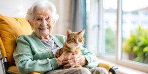 Older adult arranging family photos and a favorite blanket in a comfortable assisted living room.