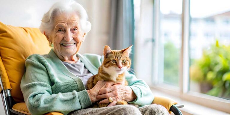 Older adult arranging family photos and a favorite blanket in a comfortable assisted living room.