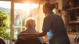 A senior resident speaking with staff in a bright, accessible hallway equipped with handrails and emergency call buttons.