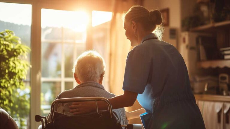 A senior resident speaking with staff in a bright, accessible hallway equipped with handrails and emergency call buttons.